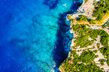 Blue caves on Zakynthos island or Zante Island, Greece. Beautiful views of azure sea water and nature with cliffs cave