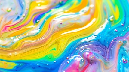 Naklejka premium A tight shot of a multicolored liquid with water drops at its base