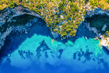 Blue caves on Zakynthos island or Zante Island, Greece. Beautiful views of azure sea water and nature with cliffs cave