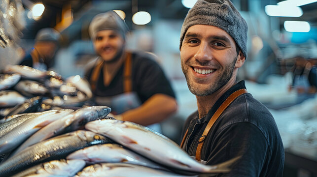 An industrial fish processing factory equipped with cutting tables and staffed by smiling workers