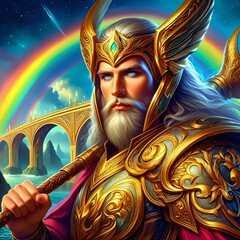 Heimdall, Guardian of Asgard and the Rainbow Bridge. Golden armor. He holds a spear. He is ready to signal the onset of Ragnarok. Eternal vigilance. Guarding the realms. Generative AI