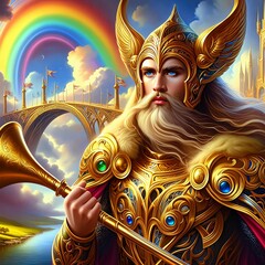 Heimdall, Guardian of Asgard and the Rainbow Bridge. Golden armor. He holds a resounding horn, ready to signal the onset of Ragnarok. Eternal vigilance. Guarding the realms. Generative AI