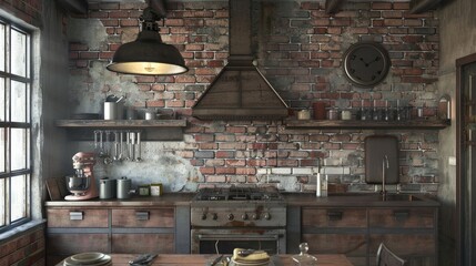 Rustic brick wall textures for an industrial kitchen. 