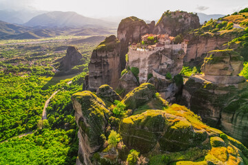 The monastery Meteora, aerila rocky monasteries complex in Greece near Kalabaka city. Holy...