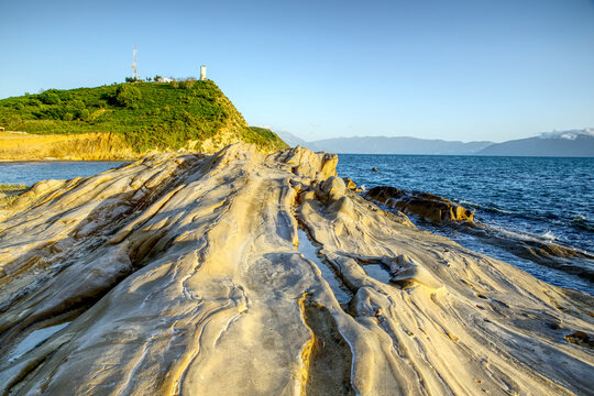 Beautiful and impressional views from deserted peninsula Zvernec near Vlore, Albanie during gold hour