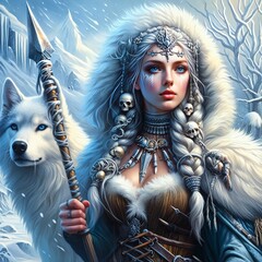 Skadi: Goddess of Winter and Hunt, Guardian of the icy realms of the Northern Wilderness. Armed with a spear. Loyal wolf companion. Northern Mythology. Generative AI