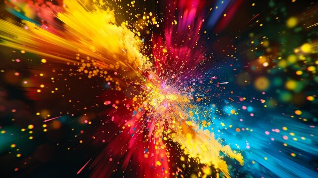 An explosion of bright colors and shapes signify the energy and excitement of discovering the unification of forces in the early universe.