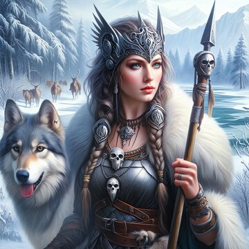 Skadi: Goddess of Winter and Hunt, Guardian of the icy realms of the Northern Wilderness. Armed with a spear. Loyal wolf companion. Northern Mythology. Generative AI