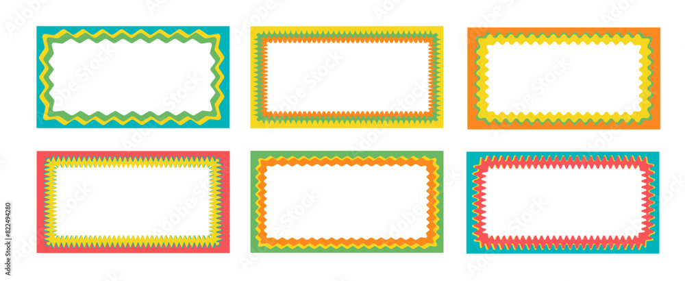 Poster set of rectangular frames with wavy zigzag edges. fashionable curved geometric frame for decorative 