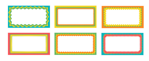 Set of rectangular frames with wavy zigzag edges. Fashionable curved geometric frame for decorative design. Vector illustration.