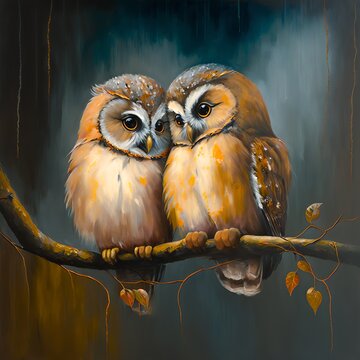 Little owls on a branch, digital imitation of oil painting.
