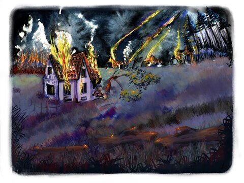 Fire at night, night landscape with burning houses and trees. Illustration on the theme of war, apocalypse and disasters.