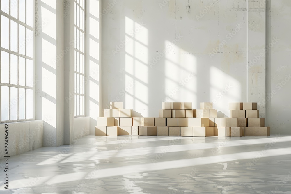 Poster bright and spacious empty room with moving boxes and natural light through large windows for a minim