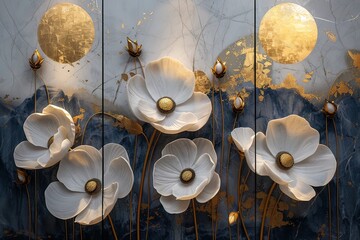 3 panel wall art, white marble background with white sunflower flowers designs, with golden round...
