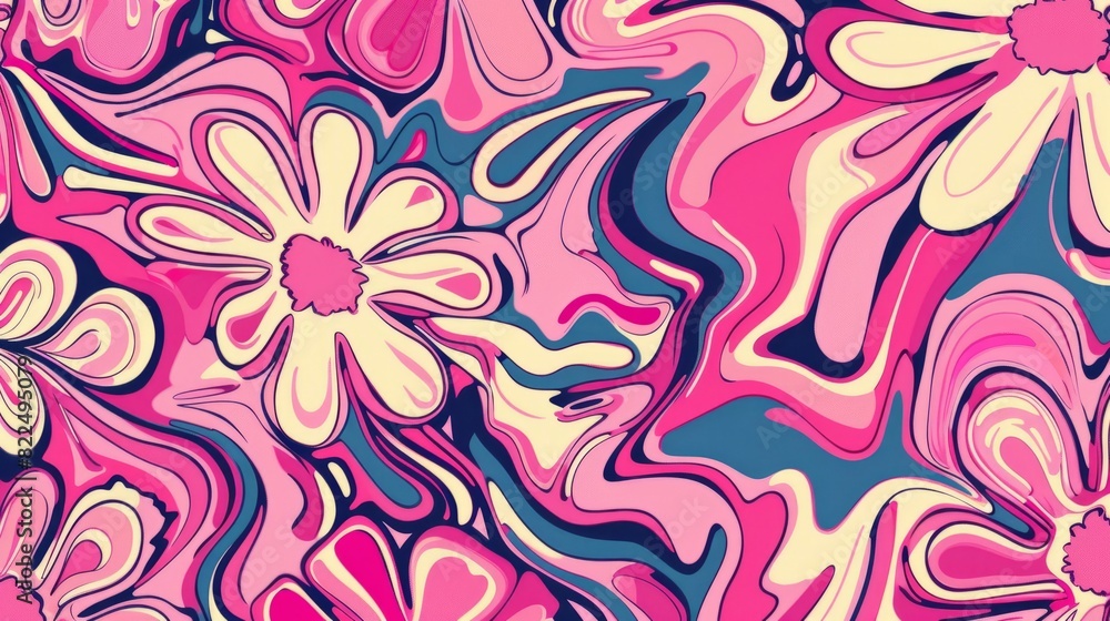Canvas Prints groovy psychedelic y2k pattern with repeating pink flowers - trendy retro 2000s design in pastel col