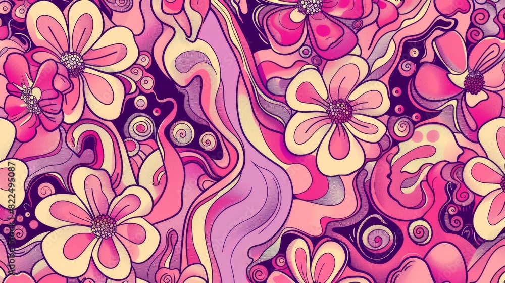 Canvas Prints groovy psychedelic y2k pattern with repeating pink flowers - trendy retro 2000s design in pastel col