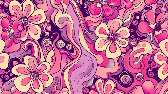Groovy psychedelic y2k pattern with repeating pink flowers - trendy retro 2000s design in pastel colors vector illustration