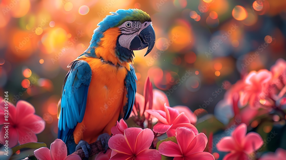 Wall mural  A curious parrot peering down from its perch with inquisitive eyes, surrounded by a riot of colorful blooms in a tropical garden