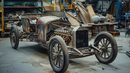 The bare chassis of a 1920s vintage car is in early restoration, showcasing meticulous effort to revive it.