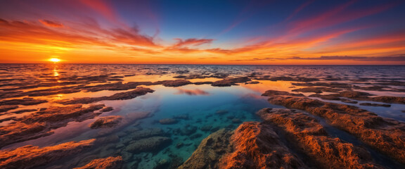 Colorful sunset with ocean waves and clouds