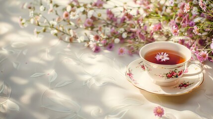 Fototapeta premium Image shows a fine bone china teacup with pink and white flowers sitting on a white tablecloth with a floral pattern