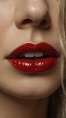 Fototapeta premium Lips with red lipstick and white teeth of a beautiful woman