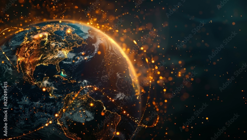Poster the earth is covered with golden lines on a dark background digital art technology was used with a d