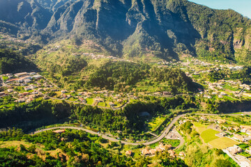 Sunny day with aerial view of Capelinha de Nossa Senhora de Fatima, Sao Vicente, Madeira Island,...