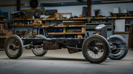 Fototapeta na wymiar A bare 1920s vintage car chassis awaits expert restoration to revive its historic charm and timeless elegance.