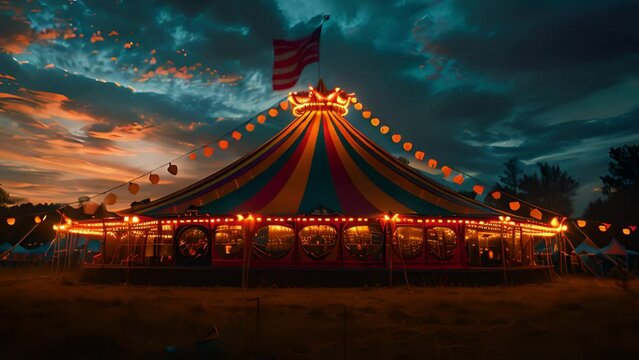 This Large circus tent featuring a flag on top. Circus Tent With Flag on Top