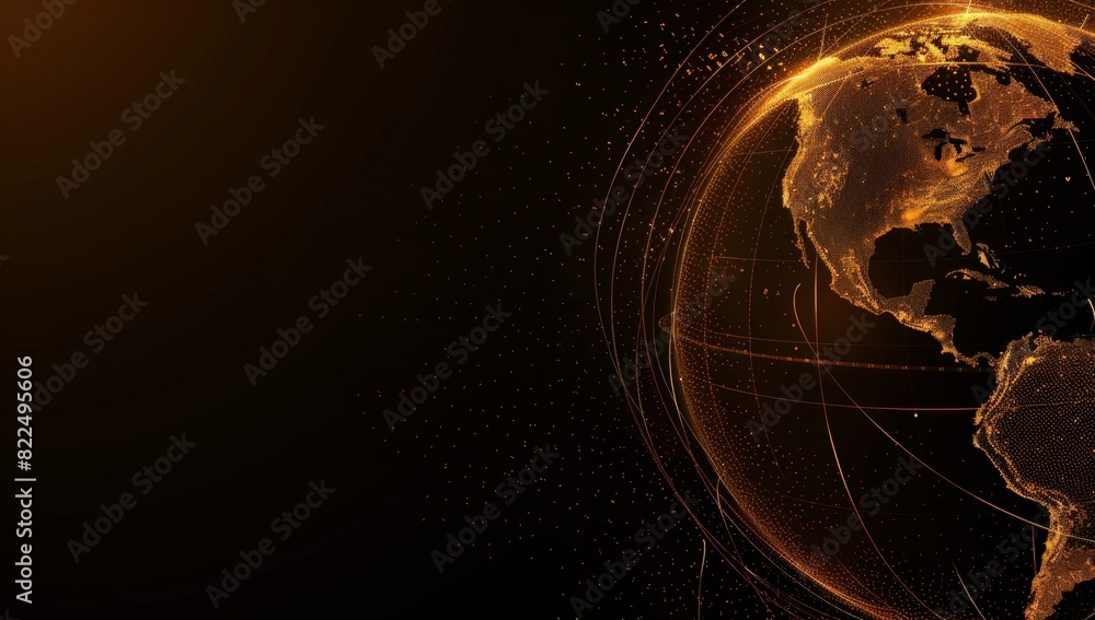 Poster a golden planet earth with data lines on a simple black background in the dark orange and gold style