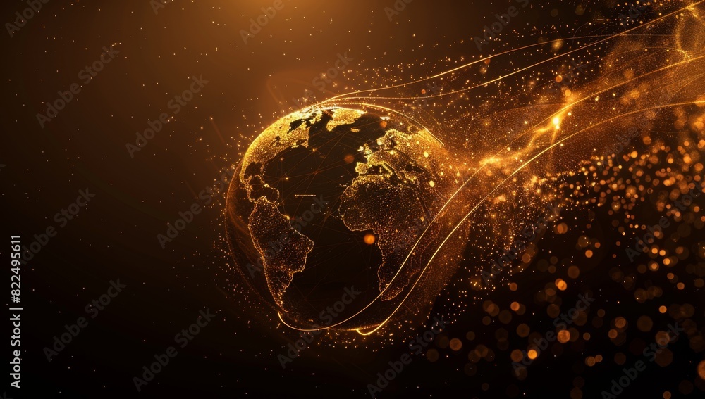 Poster a golden planet earth with data lines on a simple black background in the dark orange and gold style