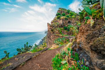 Ocean coastline landscape near Cascata dos Anjos or Angels waterfall in Madeira in Portugal