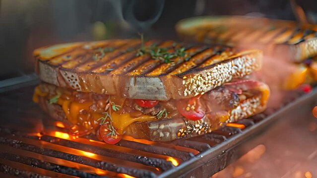 This Two sandwiches being grilled on a hot grill. Two Grilled Sandwiches on Grill