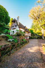 Traditional houses in Queimadas Forest Park near Santana, Madeira. Hiking point to PR9 Levada do...