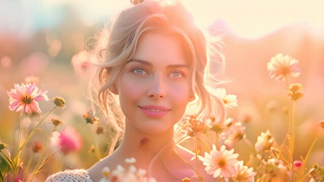 photograph ofa beautiful European woman, holding a bouquet of flowers. Exquisite. Sunny day. Take soft focus photos.