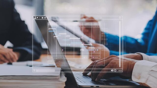 Project manager working with Gantt chart schedule to plan tasks and deliverables. Scheduling activities with a planning software, Corporate strategy for finance, operations, sales, marketing.