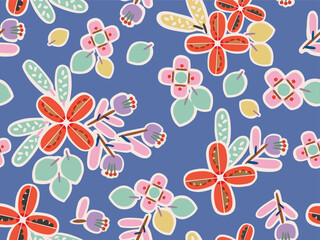 COLORFUL HAND DRAWN FLORAL SEAMLESS PATTERN WITH BLUE BACKGROUND DIGITAL SEAMLESS PRINT