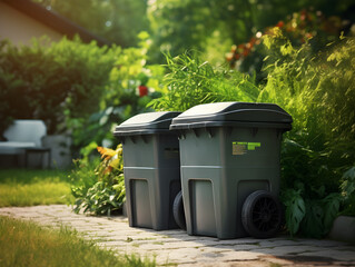 Garden waste compost bins with garden waste, outdoors in backyard garden 