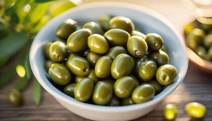 Green olives in a bowl. Close up. 