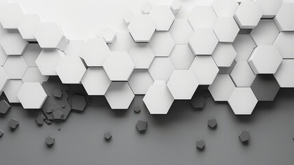  A monochrome image of levitating white hexagons against a gray backdrop Hexagons seem to float due to their contrast with the background