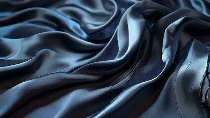 Fototapeta premium Luxurious dark blue silk fabric with smooth, flowing texture for backgrounds, design, and fashion concepts.