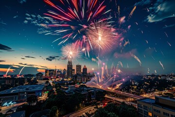 Fireworks display over Atlanta skyline celebrating urban festive night