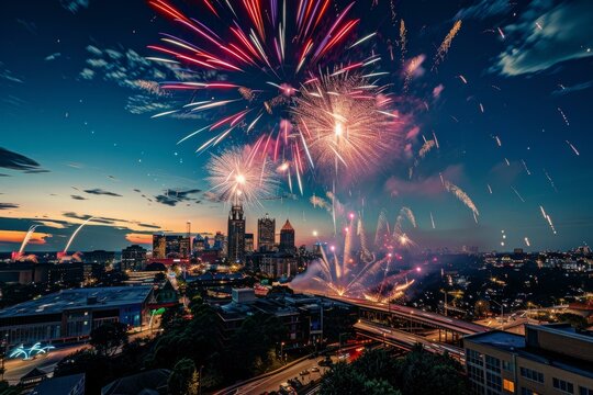 Fireworks display over Atlanta skyline celebrating urban festive night - Powered by Adobe
