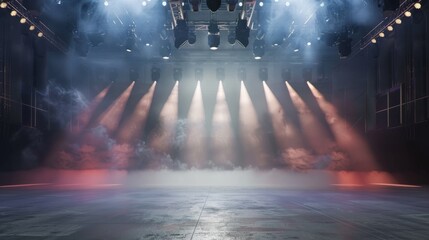 Empty concert stage with illuminated spotlights and smoke. Stage background with copy space
