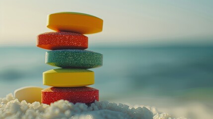 The tablets are stacked vertically on a sandy seashore. Natural biologically active supplement. The concept of combining recreation and health care. Design for advertising, marketing or presentation.