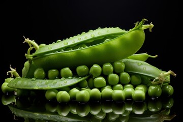 Close-up image of open green pea pods with peas arranged on a reflective surface