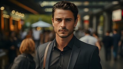 Obraz premium Confident businessman: sharp suit and confident expression in modern city setting