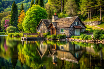 Fototapeta premium Idyllic Lakeside Cottage at Dusk
