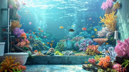 Underwater coral reef scene for a serene bathroom wall. 